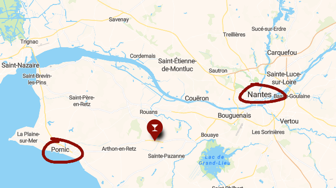 Une carte situant le gîte par rapport à Nantes et Pornic